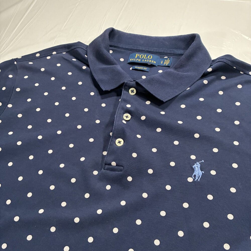 Polo Ralph Lauren Men Large Blue Polka dot short sleeve classic Fit polo shirt